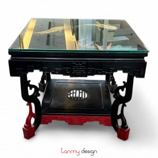 Antique lacquered wood table hand-painted with fish